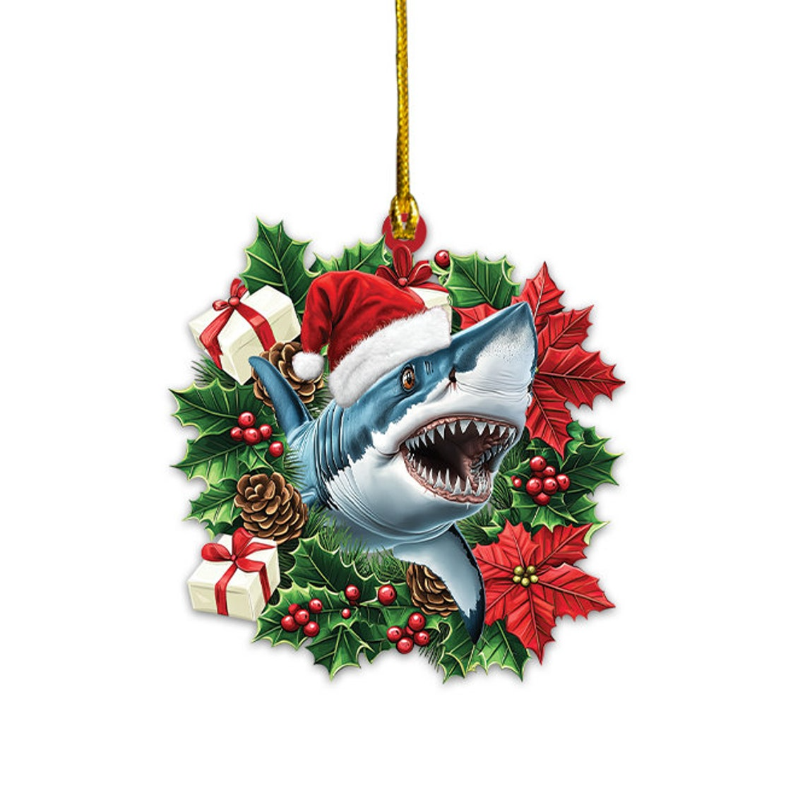 Shark Hanging Christmas Wreath Ornament, Shark Rearview Mirror Car Ornament Holiday Gift