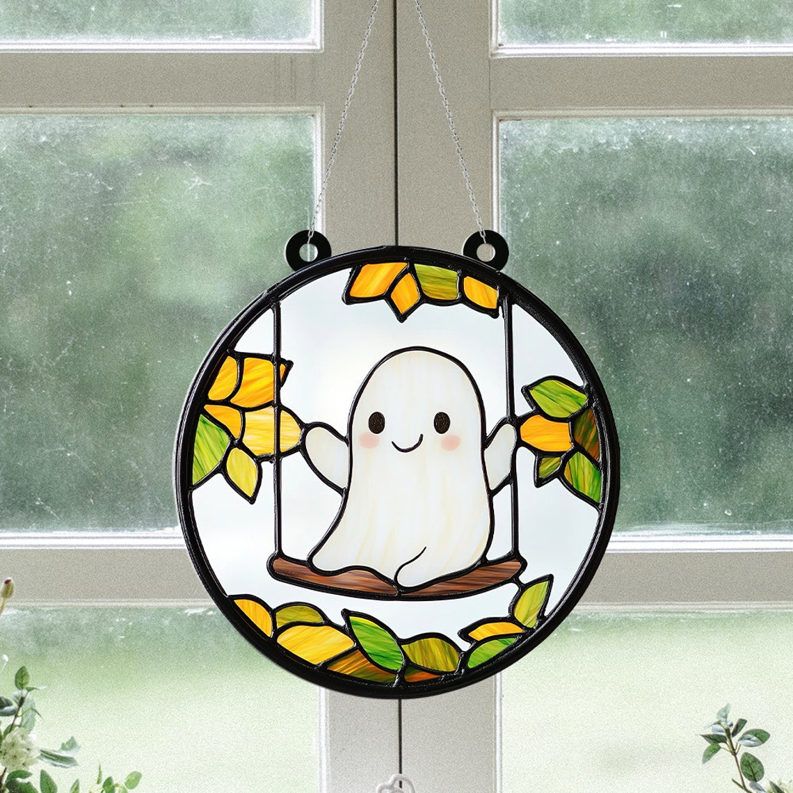 Ghost Playing Funny Halloween Suncatcher, Halloween Vintage Ghost Hanging Ornament