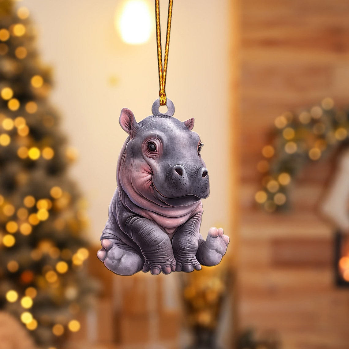 Cute Baby Hippo Moo Deng Hanging Christmas Ornament, Cute Baby Hippo Christmas Tree Ornament Decor