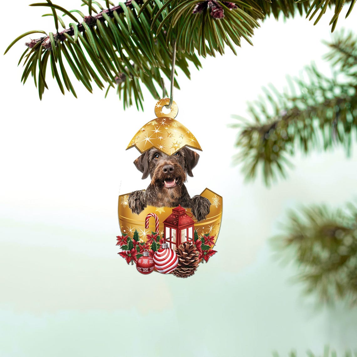 German Wirehaired Pointer In in Golden Egg Christmas Ornament, Dog Christmas Ornament Decor