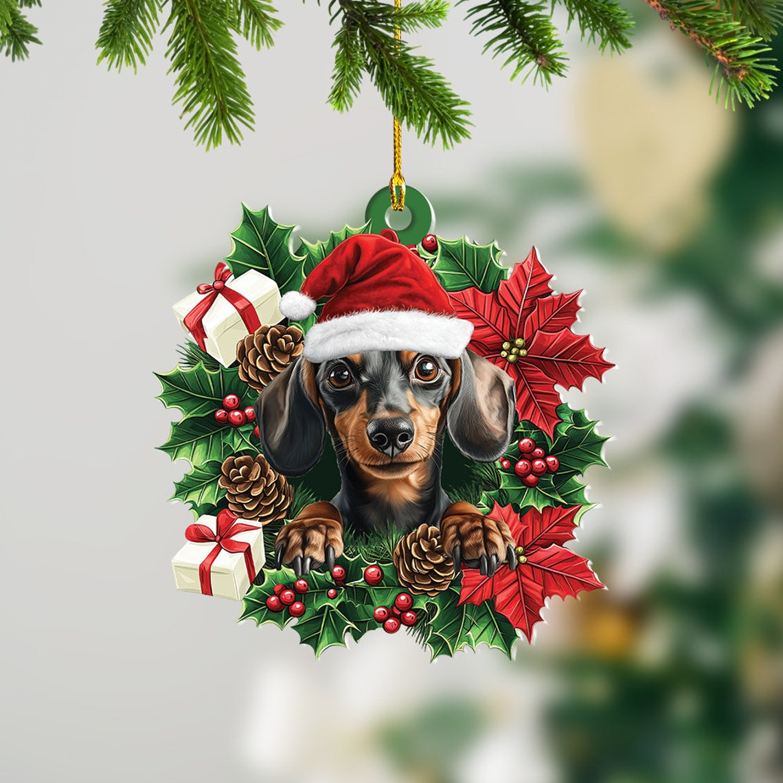 Lovely Dachshund Dog Christmas Tree Ornament, Dachshund Dog Christmas Wreath Ornament