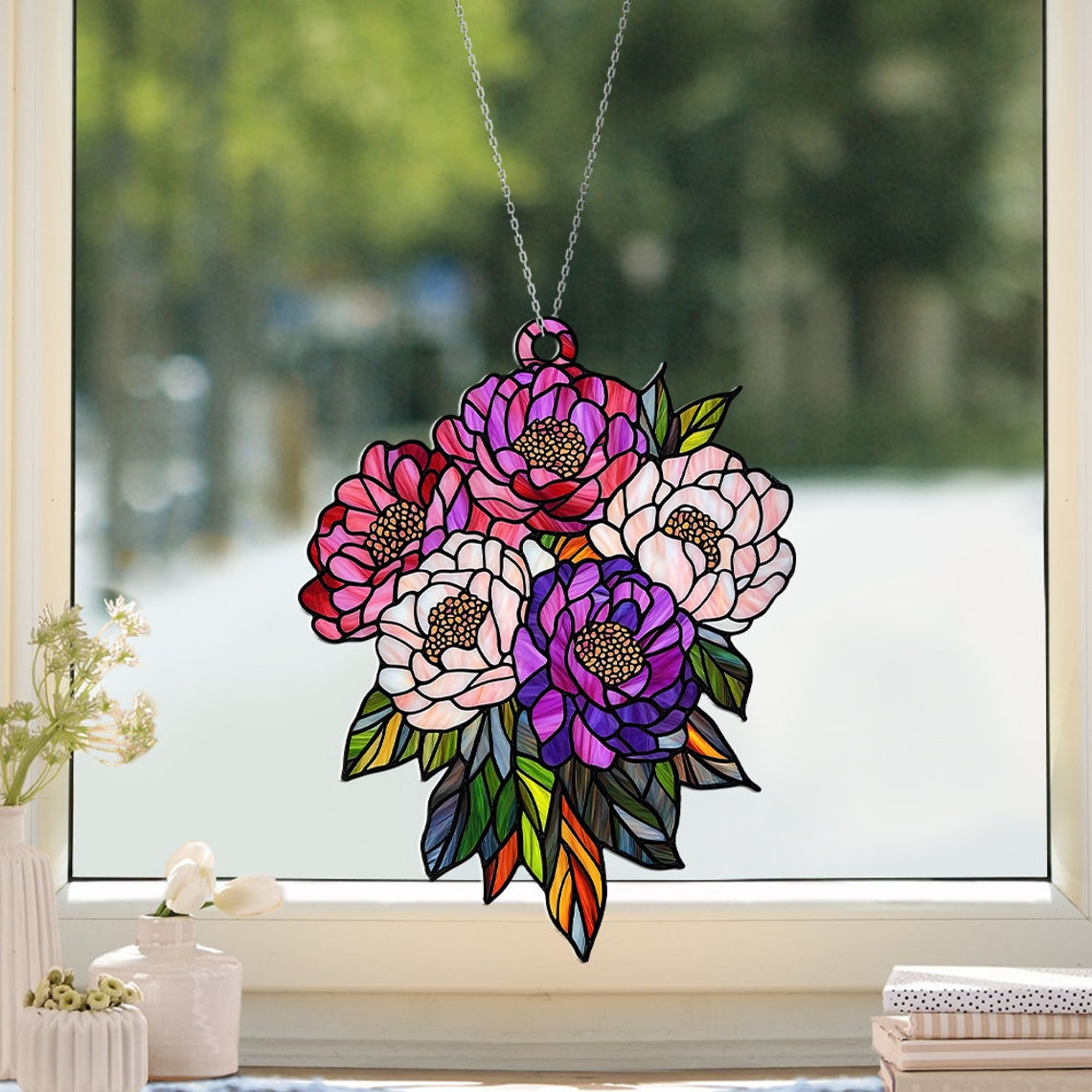 Peonies Flowers Hanging Suncatcher, Peonies Sun Light Catcher Ornament