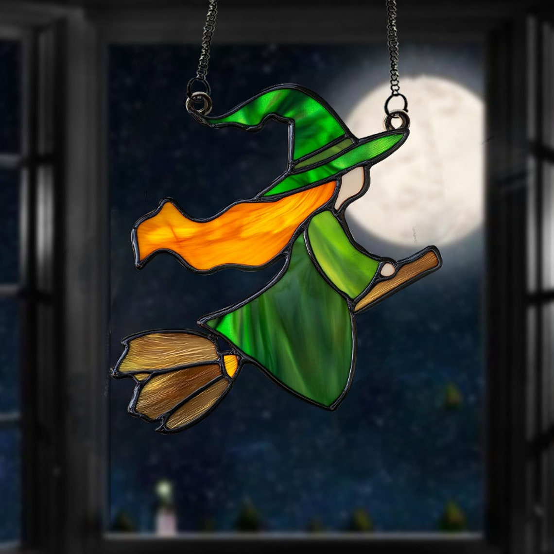 Baby Witch Riding Broomstick Suncatcher, Little Witch Hanging Ornament Home Decor