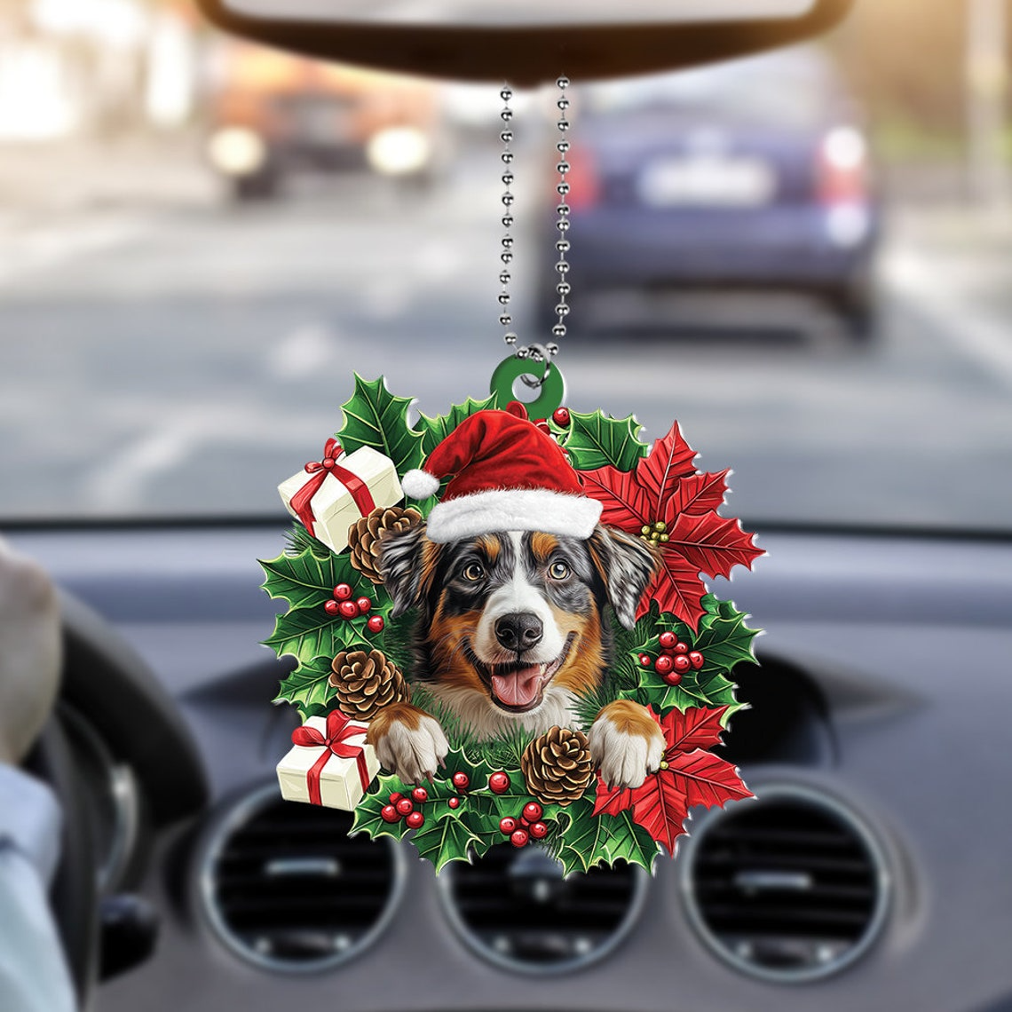 Australian Shepherd Dog Christmas Wreath Ornament, Australian Dog Hanging Christmas Ornament