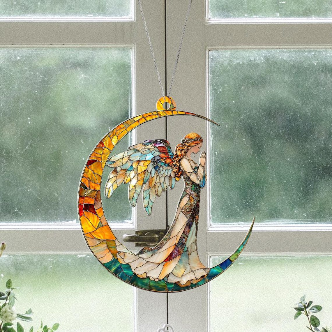 Angel with Moon Hanging Christmas Suncatcher, Angel with Moon Window Hanging Ornament Decor