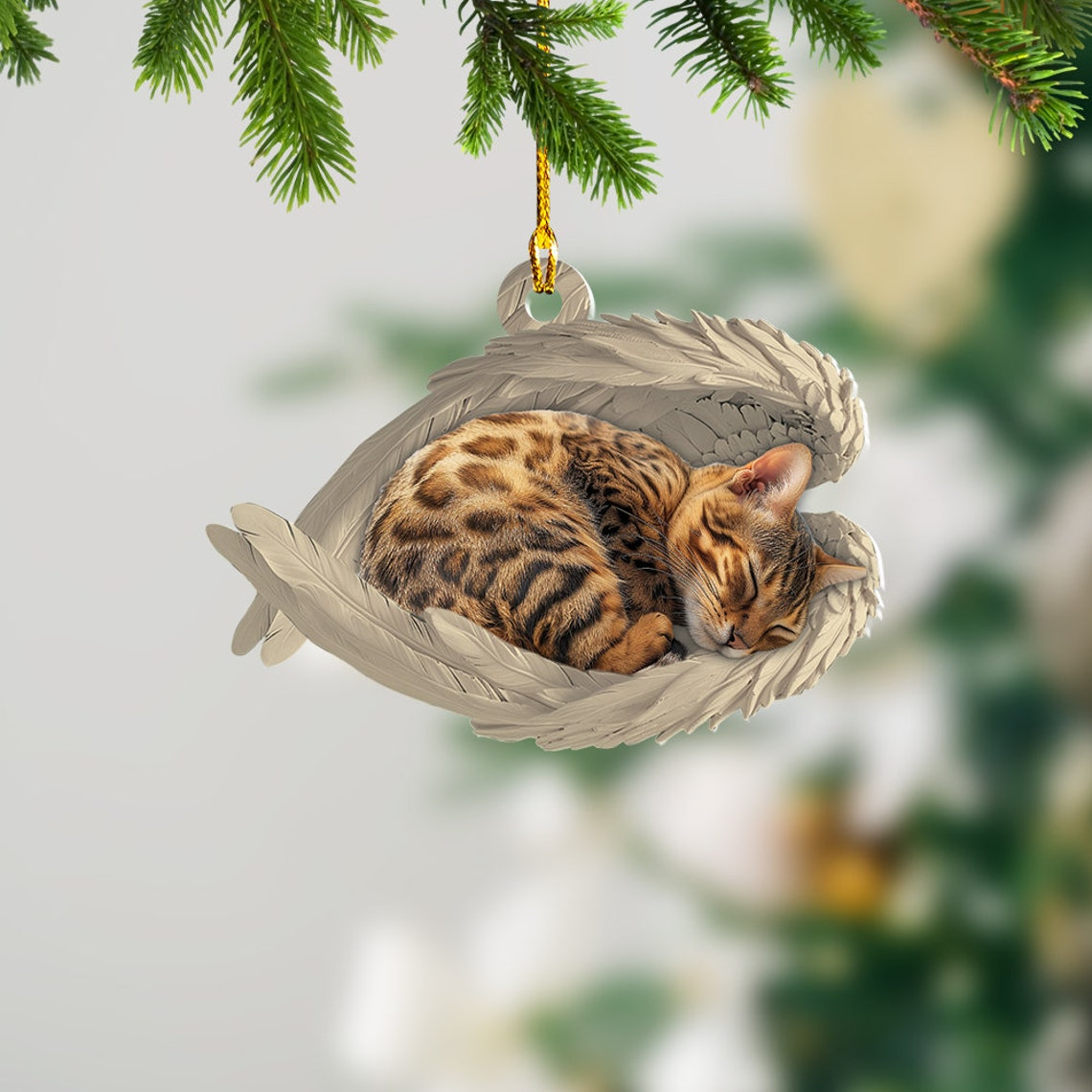 Cute Bengal Cat Sleeping Angel Hanging Ornament, Bengal Cat Angel Car Ornament Christmas Decor