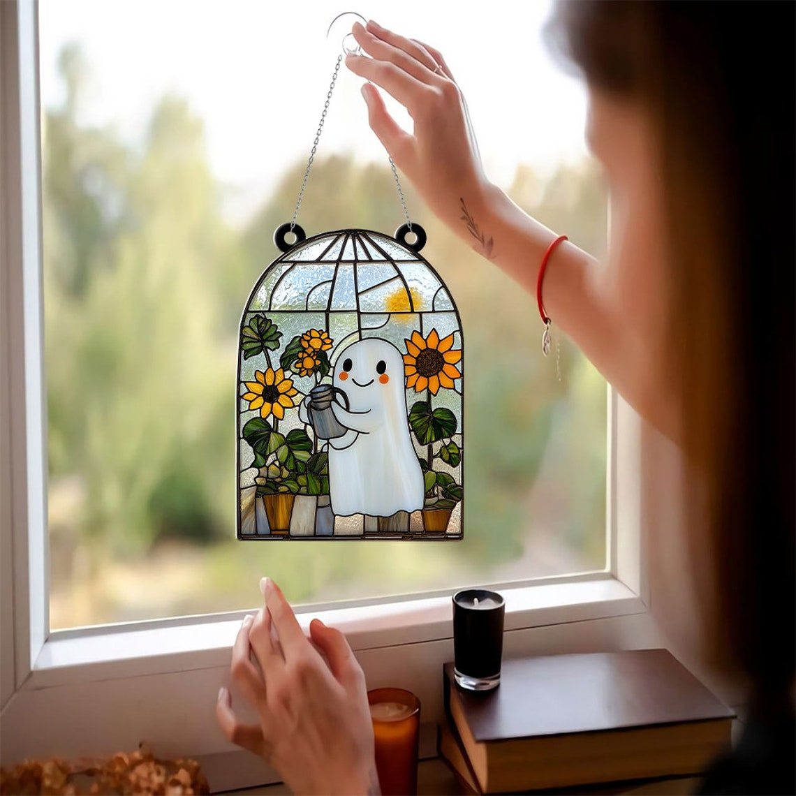 Ghost Planting Flower Suncatcher, Cute Ghost Hanging Home Decor Ornament