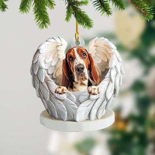 Basset Hound Dog Angel Wings Hanging Decor Ornament, Basset Hound Dog Flat Christmas Ornament Gift