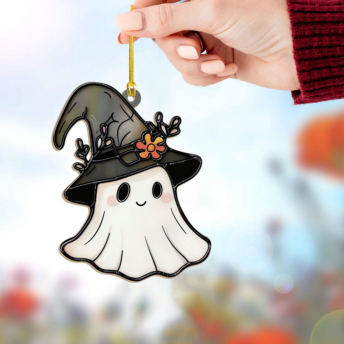 Cute Ghost Black Hat Witch Suncatcher, Ghost Hanging Window Ornament Decor