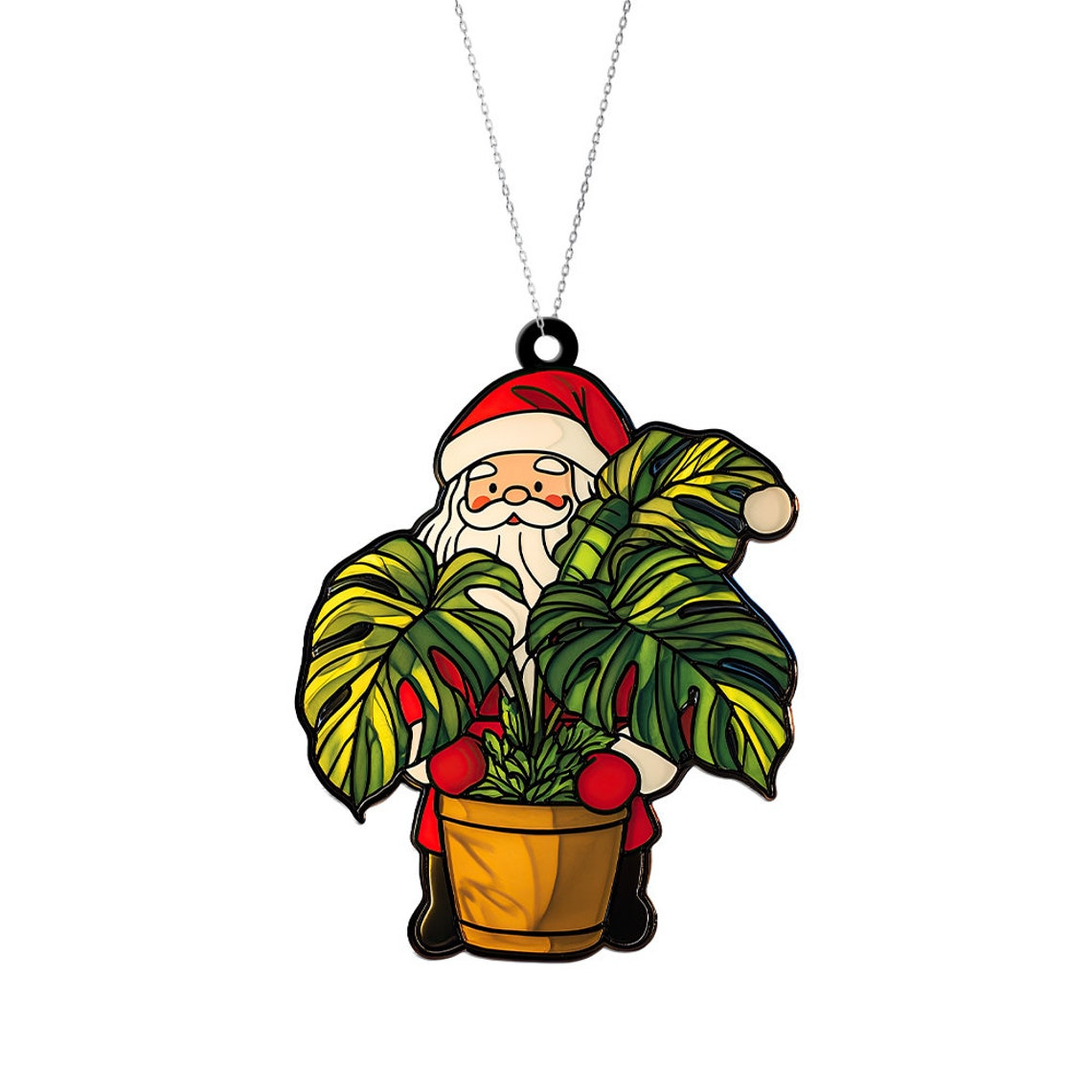 Santa With Monstera Plant Suncatcher Ornament, Santa Monstera Christmas Suncatcher