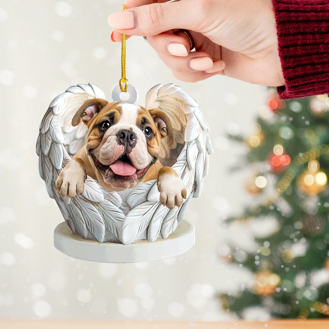 Bulldog Dog Angel Wings Christmas Ornament, Lovely Bulldog Hanging Christmas Ornament Gift