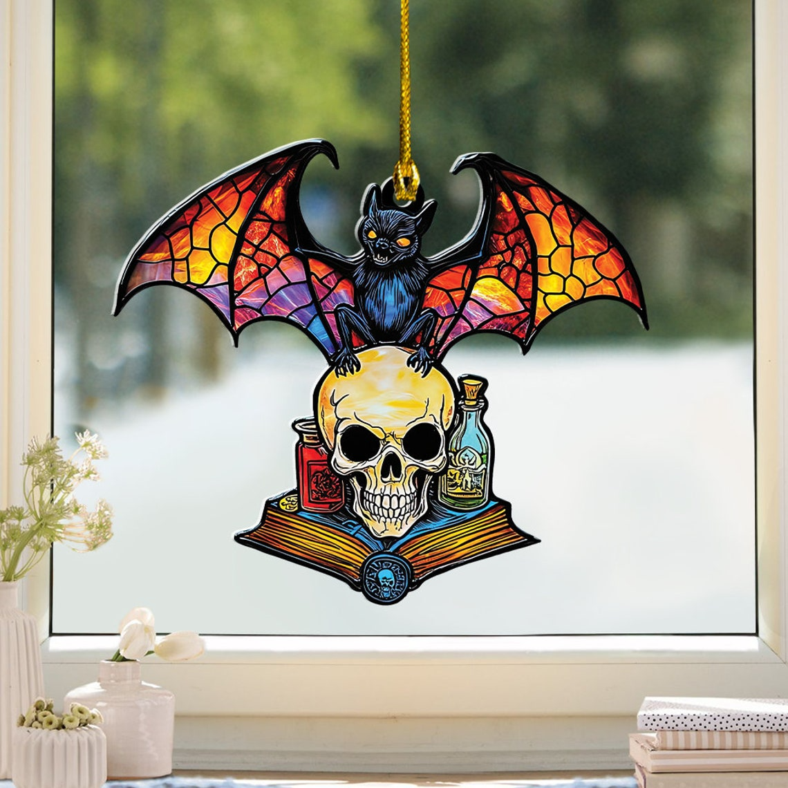 Bat Skull Suncatcher Ornament, Halloween Skull Suncatcher Decor