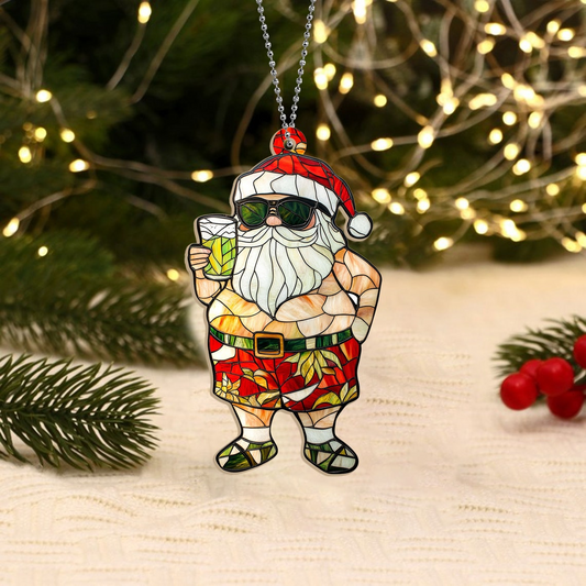 Hawaii Cute Santa Claus with Drink Christmas Suncatcher, Funny Santa Christrmas Ornament Decor