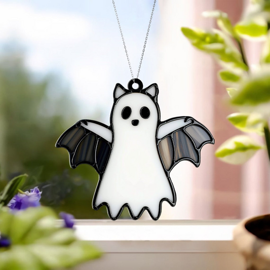 Ghost Bat Halloween Window Suncatcher Decor, Halloween Ghost Bat Hanging Ornament