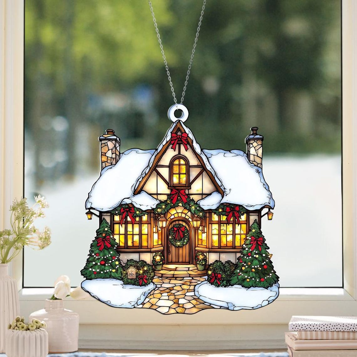 Christmas Cottage Window Hanging Suncatcher, Christmas Cottage Hanging Decor Ornament