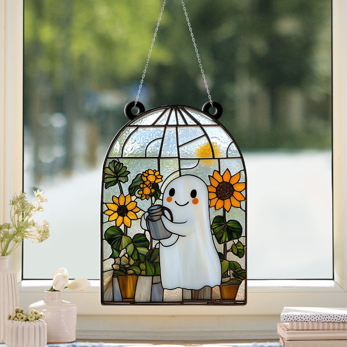 Ghost Planting Flower Suncatcher, Cute Ghost Hanging Home Decor Ornament