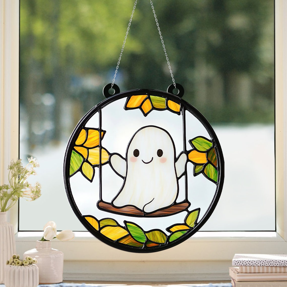 Ghost Playing Funny Halloween Suncatcher, Halloween Vintage Ghost Hanging Ornament