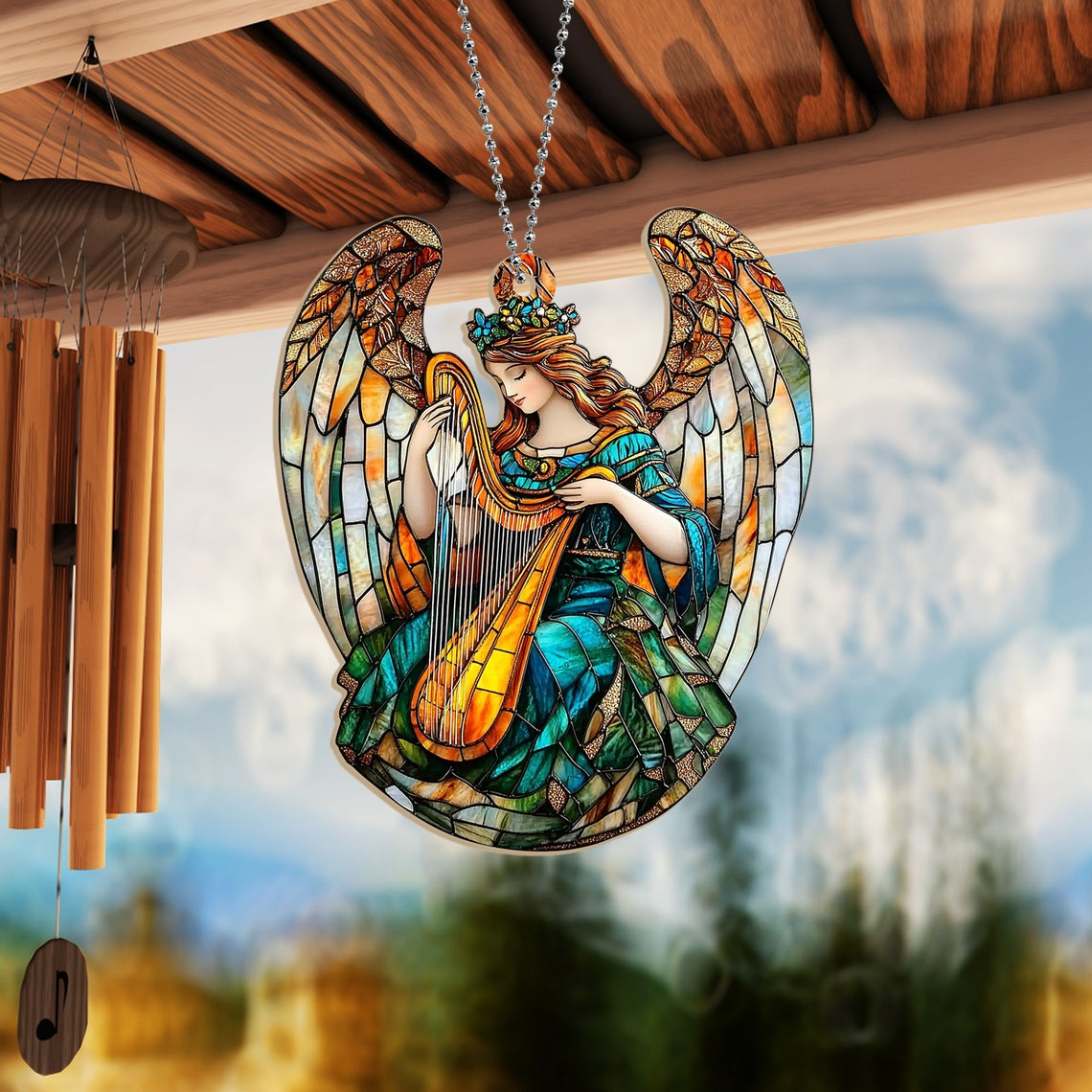 Winged Angel With Harp Christmas Suncatcher, Angel With Harp Hanging Ornament Decor