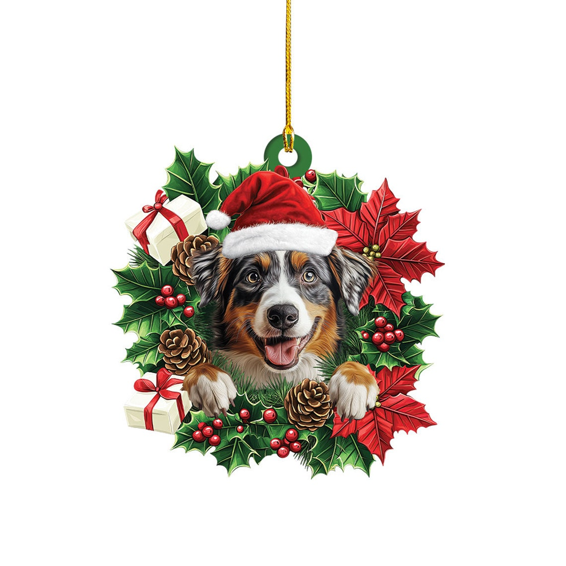 Australian Shepherd Dog Christmas Wreath Ornament, Australian Dog Hanging Christmas Ornament