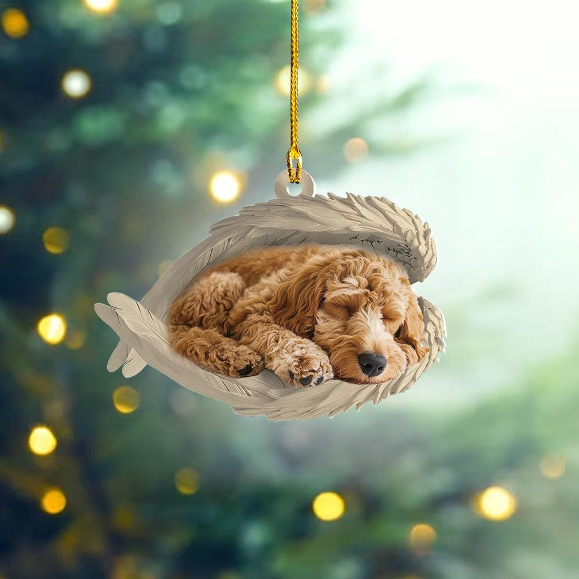 Goldendoodle Dog Sleeping Christmas Ornament, Goldendoodle Dog Angel Wings Ornament Gift