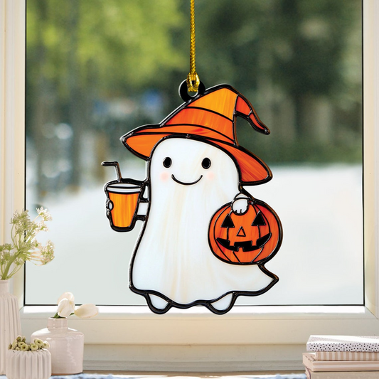 Cute Ghost With Juice Halloween Suncatcher Ornament, Cute Ghost Window Hanging Decor