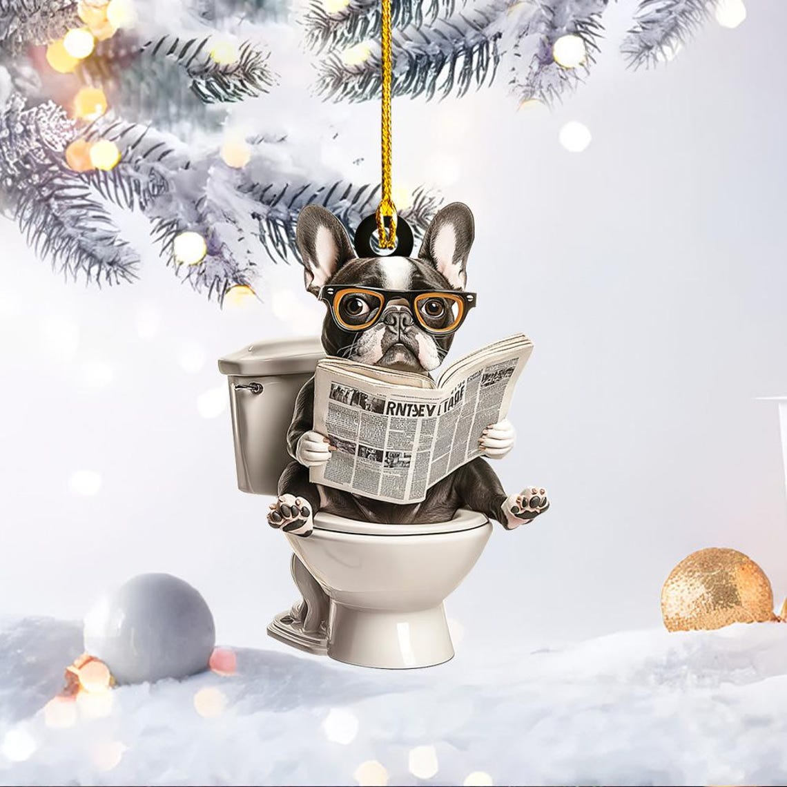 French Bulldog Sit On Toilet Christmas Ornament, French Bulldog Reading Newspaper Ornament