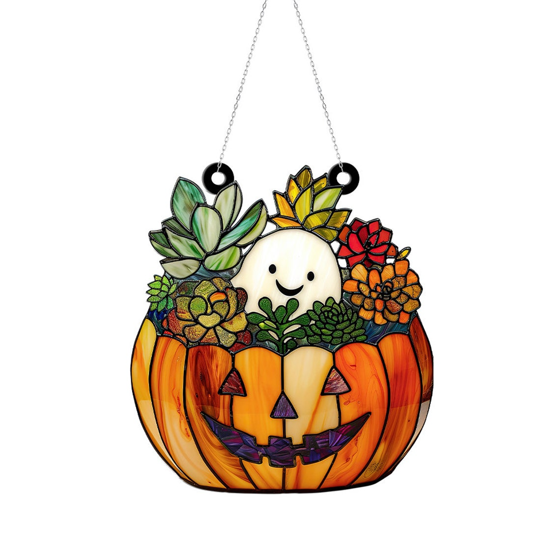 Halloween Ghost Pumpkins & Cactus Suncatcher, Ghost Succulent Gardener Ornament