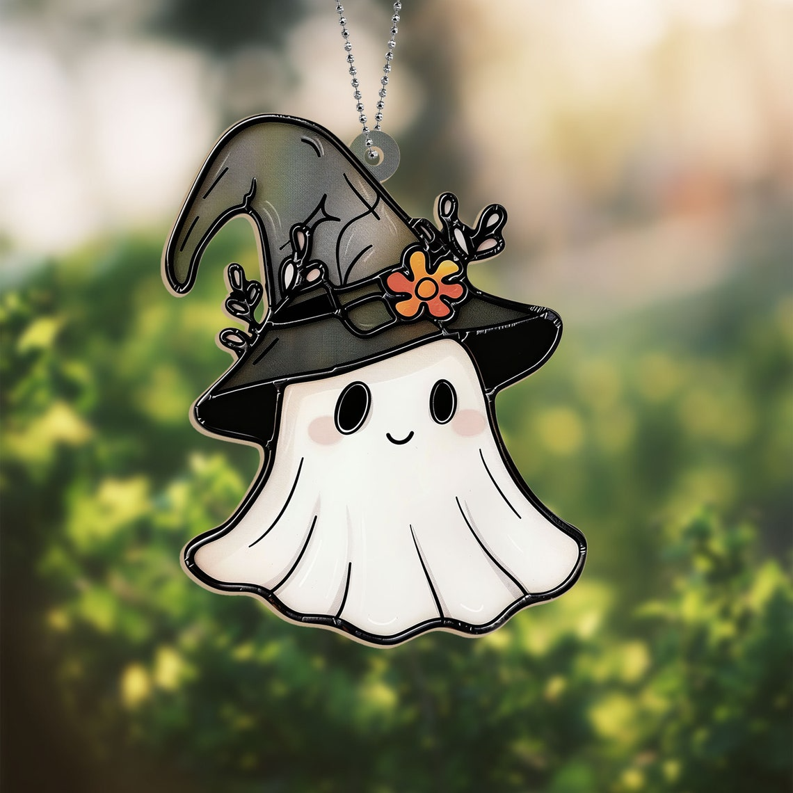 Cute Ghost Black Hat Witch Suncatcher, Ghost Hanging Window Ornament Decor