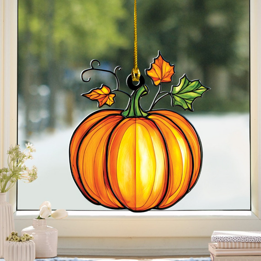 Pumpkin With Leaf Fall Suncatcher Ornament, Halloween Suncatcher Ornament