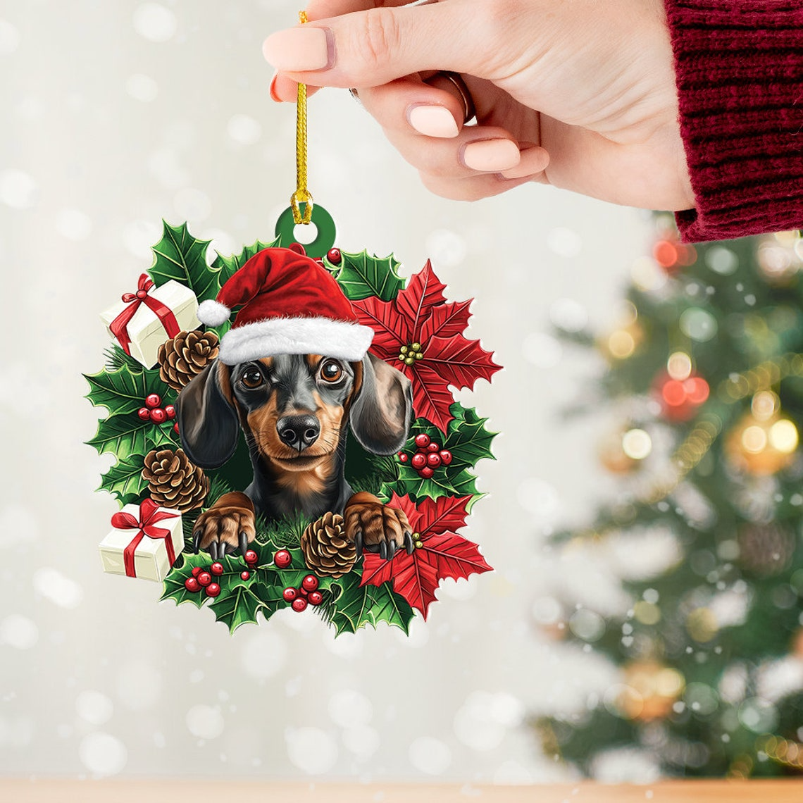 Lovely Dachshund Dog Christmas Tree Ornament, Dachshund Dog Christmas Wreath Ornament