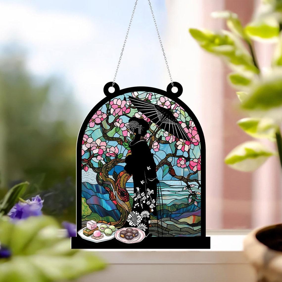 Japanese Beauty Girl Suncatcher, Girl on Kimono Window Hanging Ornament Decor