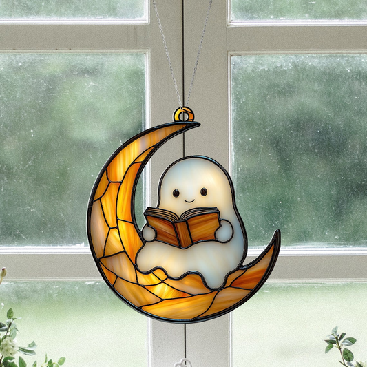 Ghost Reading Books Halloween Suncatcher, Ghost On The Moon Home Decor