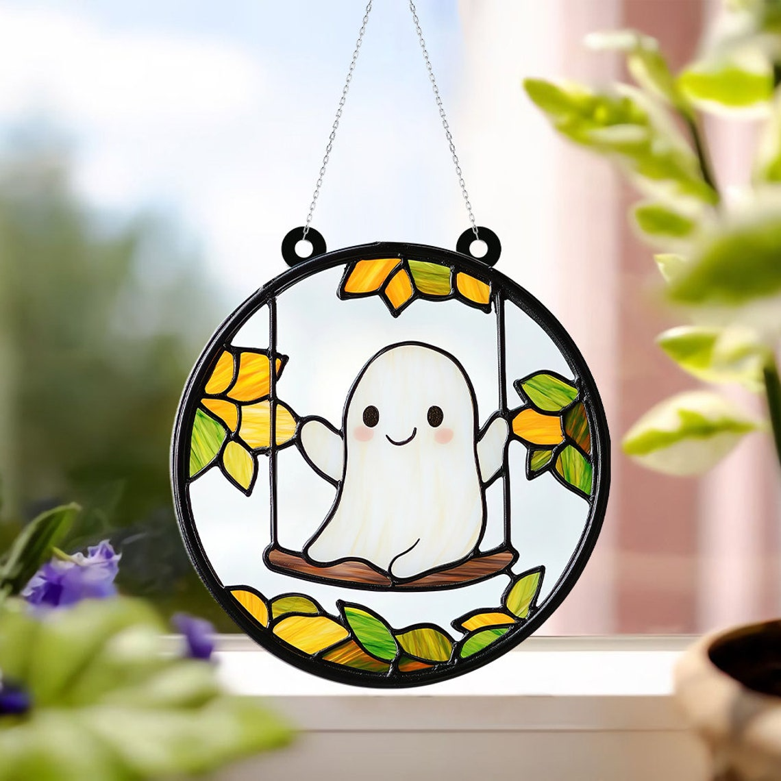 Ghost Playing Funny Halloween Suncatcher, Halloween Vintage Ghost Hanging Ornament