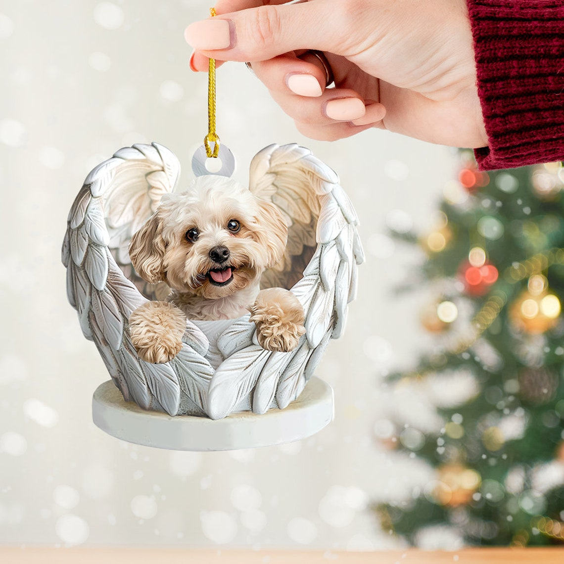 Maltipoo Dog Angel Wings Christmas Ornament, Cute Dog Hanging Christmas Ornament Gift