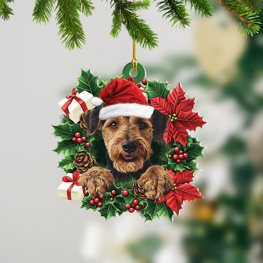 Airedale Terrier Dog Christmas Wreath Ornament, Airedale Terrier Dog Christmas Ornament