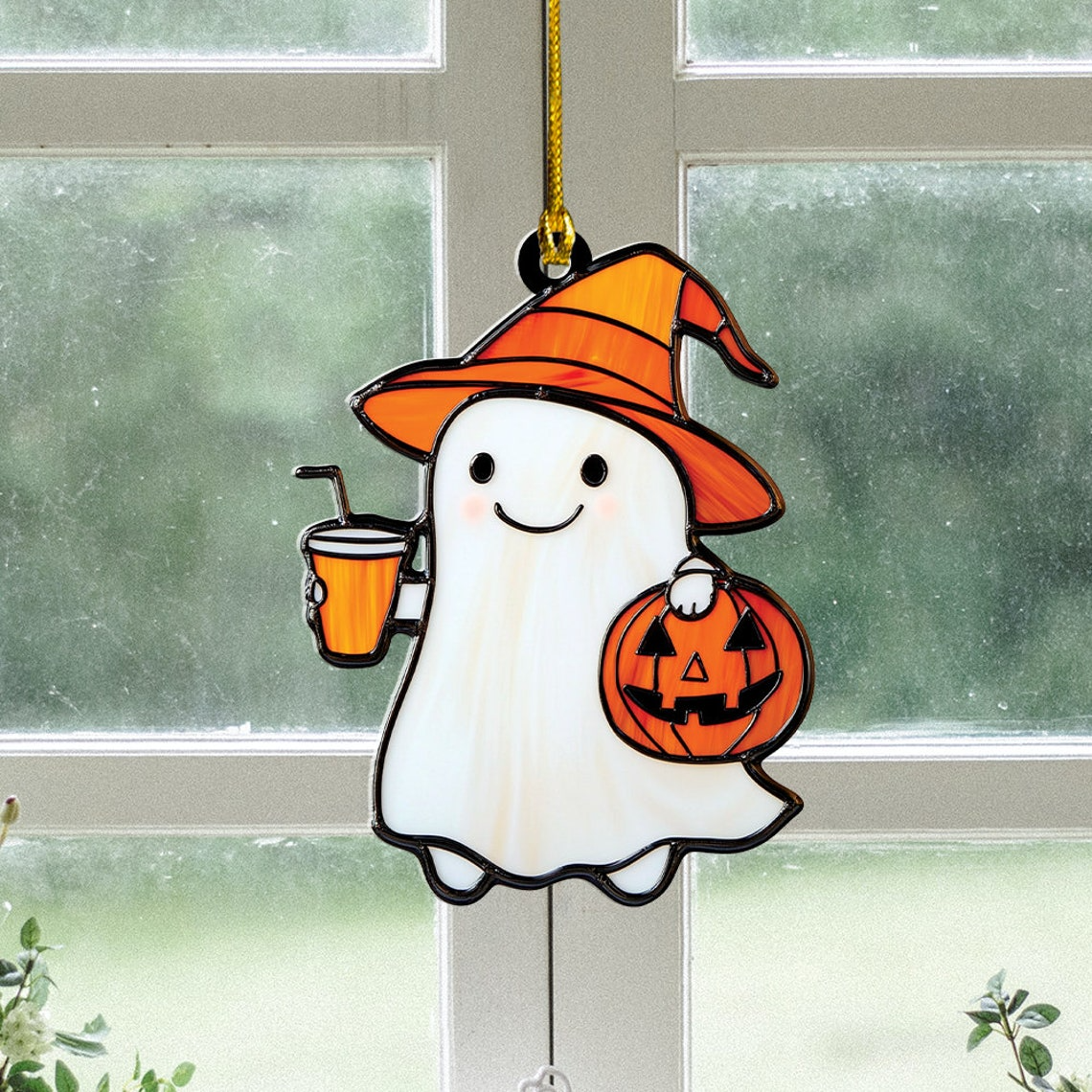 Cute Ghost With Juice Halloween Suncatcher Ornament, Cute Ghost Window Hanging Decor