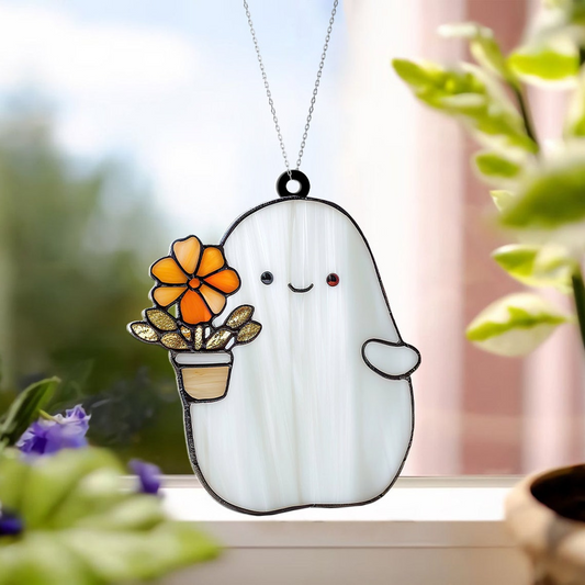 Cute Ghost Flower Suncatcher Ornament, Ghost Gardener Flower Ornament Decor