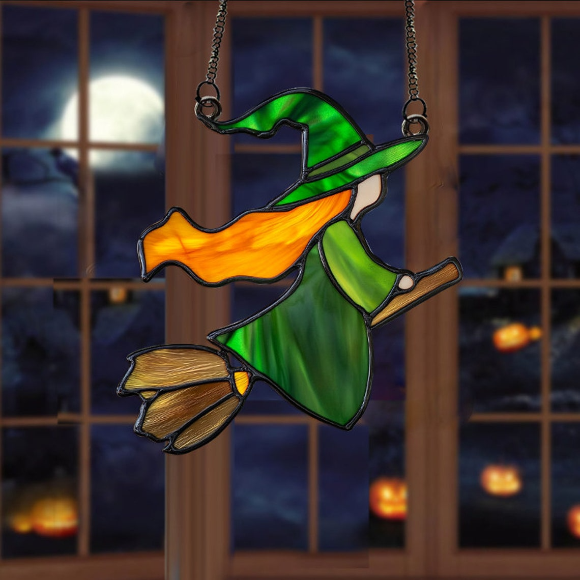 Baby Witch Riding Broomstick Suncatcher, Little Witch Hanging Ornament Home Decor