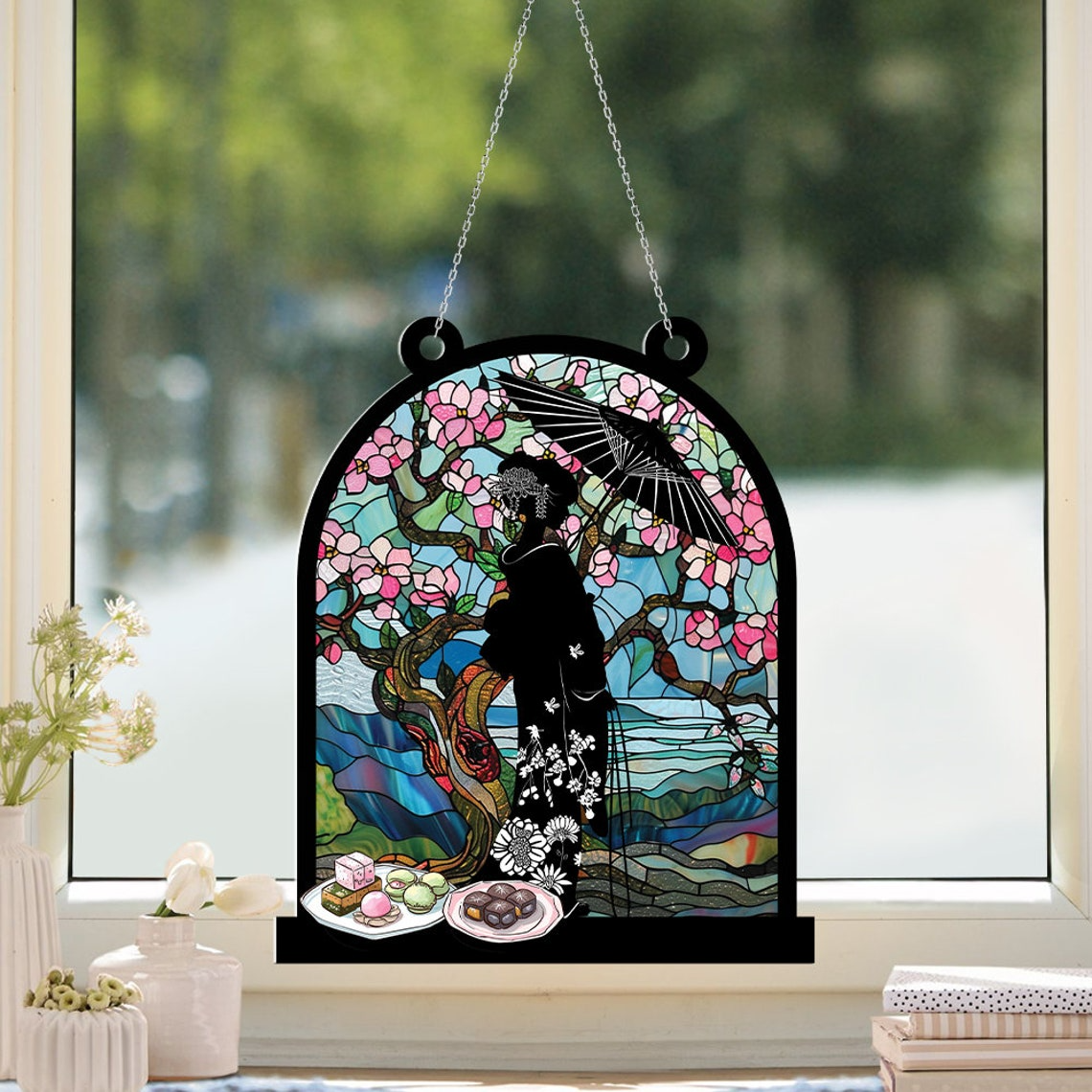 Japanese Beauty Girl Suncatcher, Girl on Kimono Window Hanging Ornament Decor