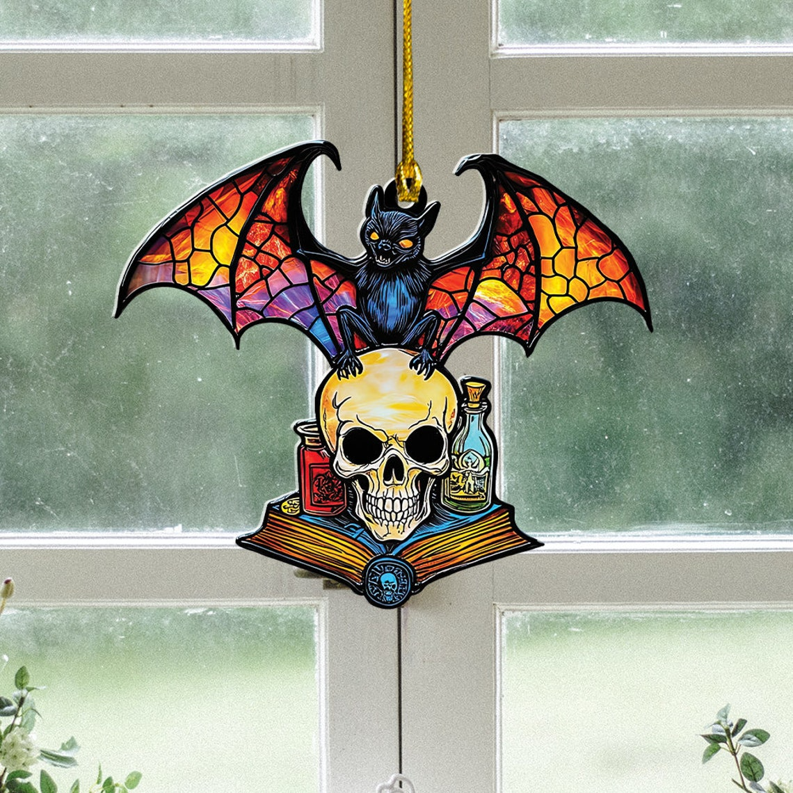 Bat Skull Suncatcher Ornament, Halloween Skull Suncatcher Decor