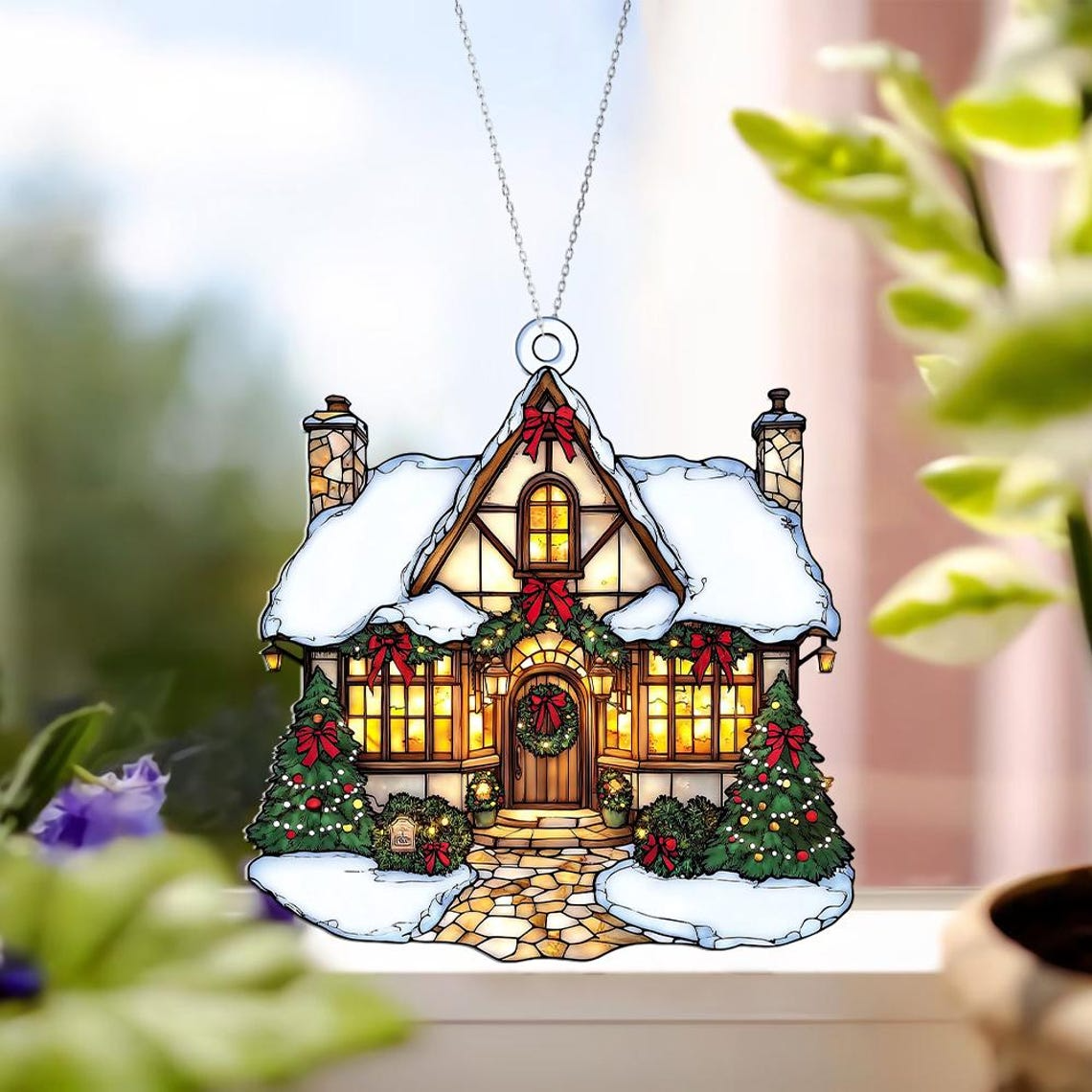 Christmas Cottage Window Hanging Suncatcher, Christmas Cottage Hanging Decor Ornament