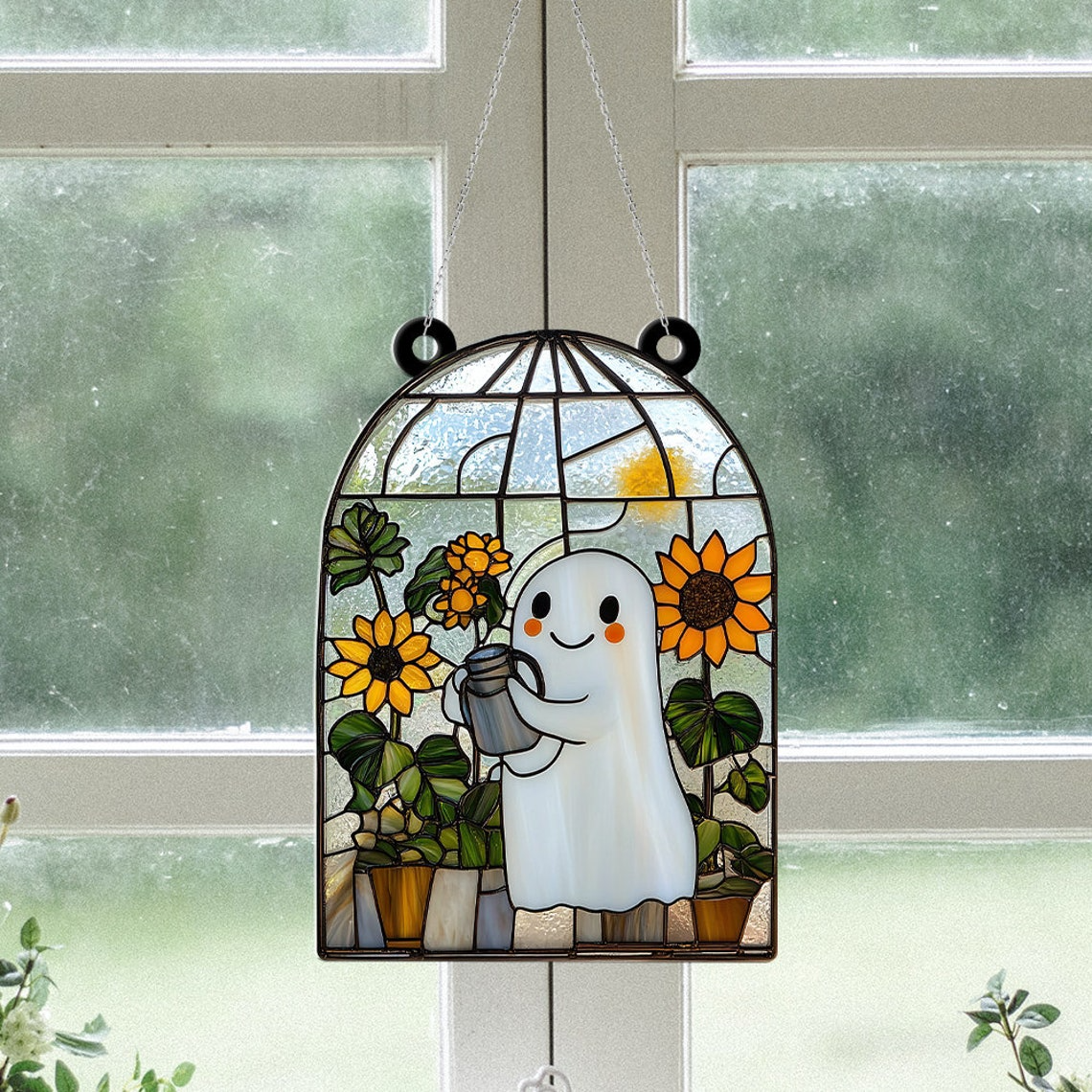 Ghost Planting Flower Suncatcher, Cute Ghost Hanging Home Decor Ornament