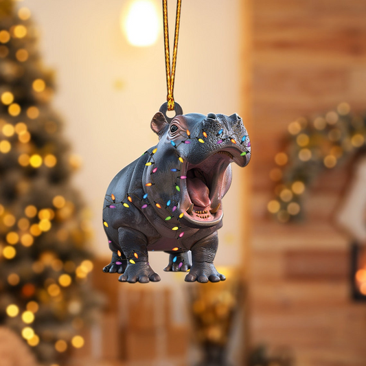 Cute Hippo Moo Deng Christmas Tree Light Ornament, Hippo Rearview Mirror Car Christmas Ornament