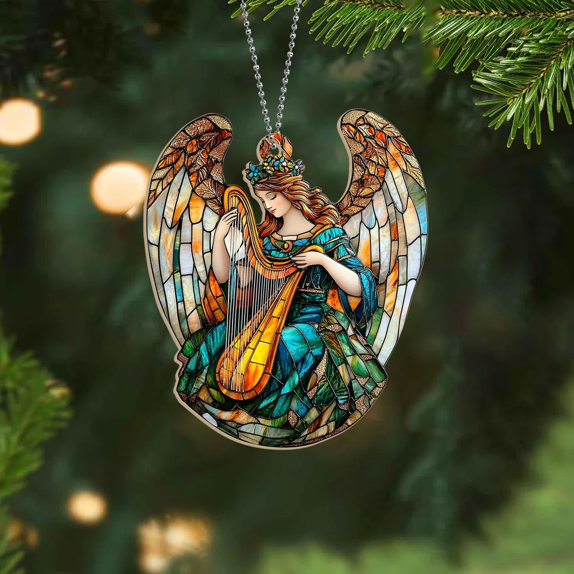 Winged Angel With Harp Christmas Suncatcher, Angel With Harp Hanging Ornament Decor