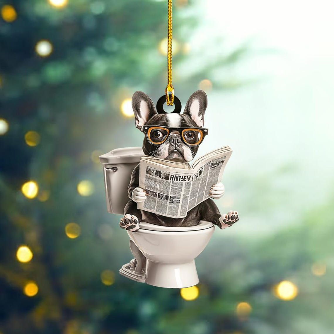 French Bulldog Sit On Toilet Christmas Ornament, French Bulldog Reading Newspaper Ornament