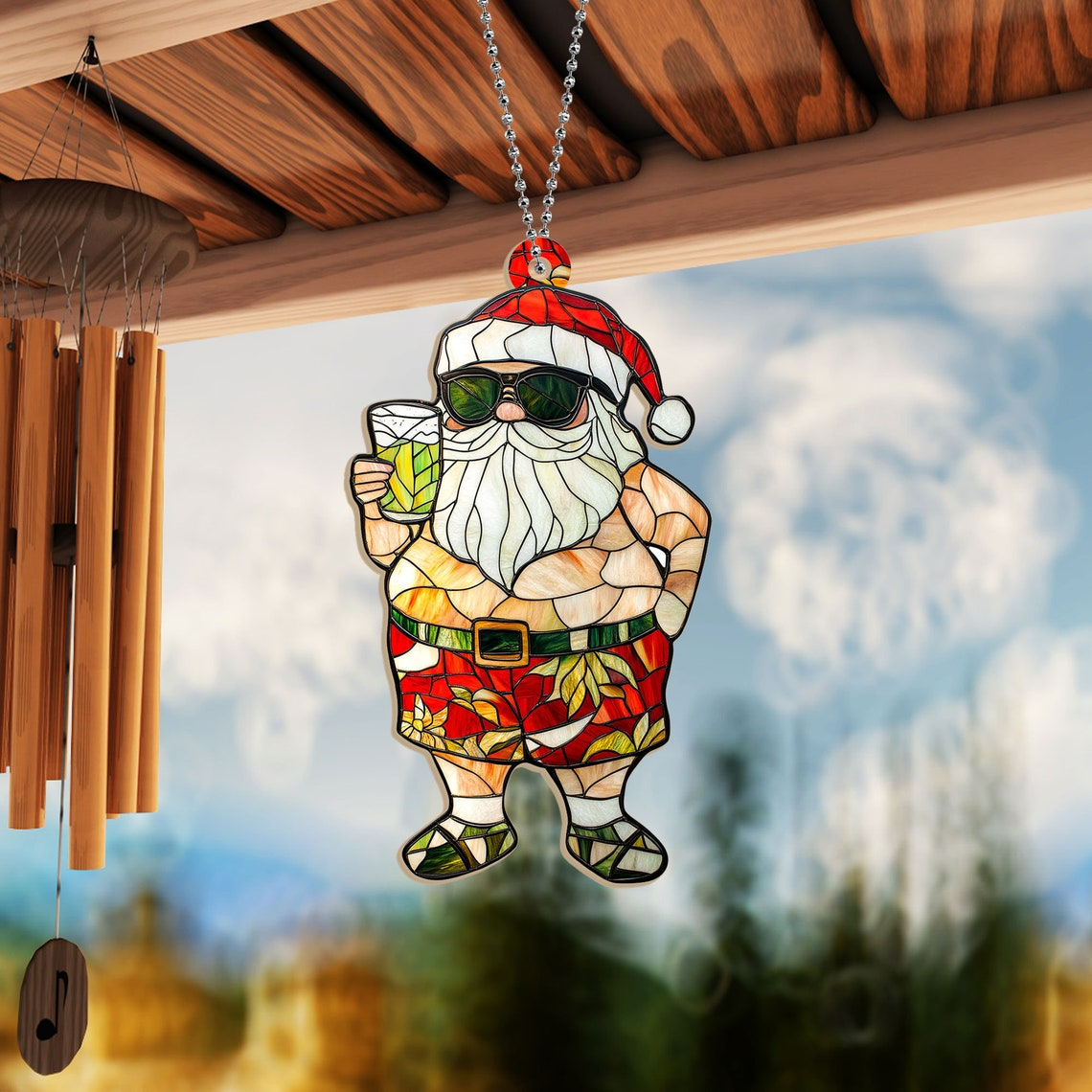 Hawaii Cute Santa Claus with Drink Christmas Suncatcher, Funny Santa Christrmas Ornament Decor