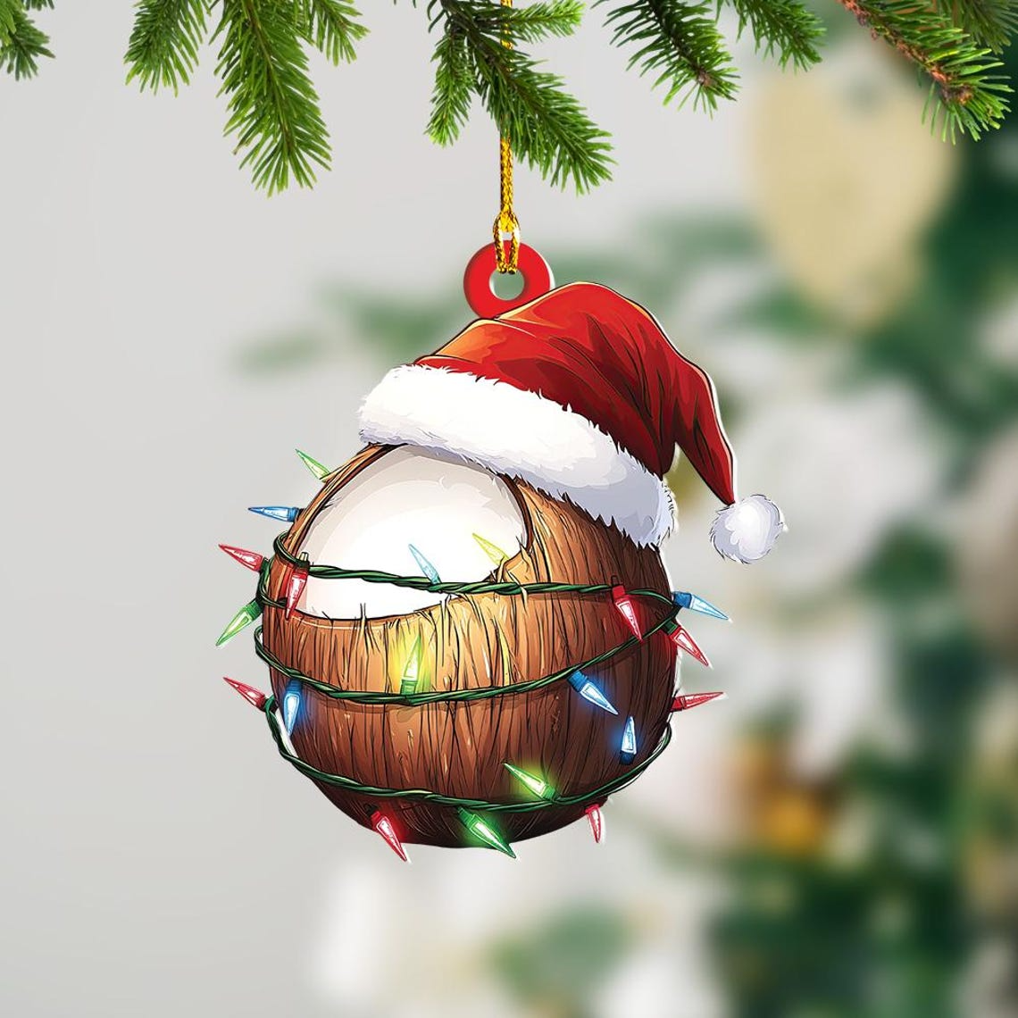 Coconut Christmas Tree Lights Ornament,  Coconut Flat Hanging Christmas Ornament Deocor