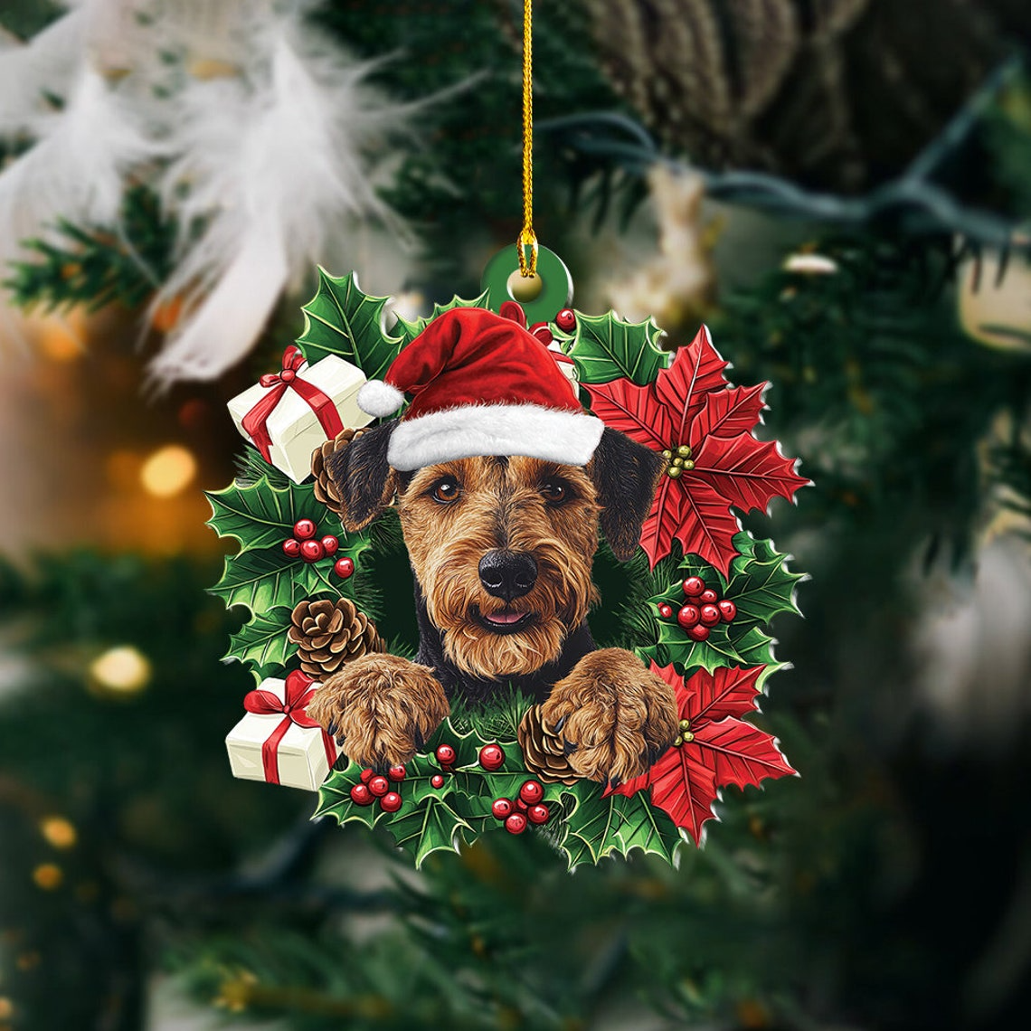 Airedale Terrier Dog Christmas Wreath Ornament, Airedale Terrier Dog Christmas Ornament