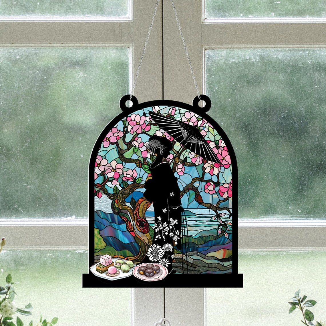 Japanese Beauty Girl Suncatcher, Girl on Kimono Window Hanging Ornament Decor