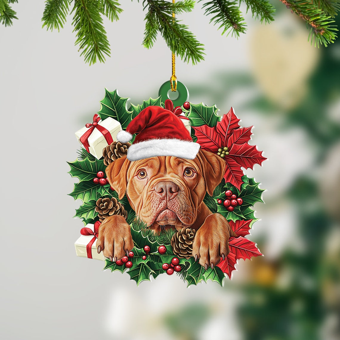 Dogue de Bordeaux Dog Christmas Wreath Ornament, Dogue de Bordeaux Dog Car Ornament Gift